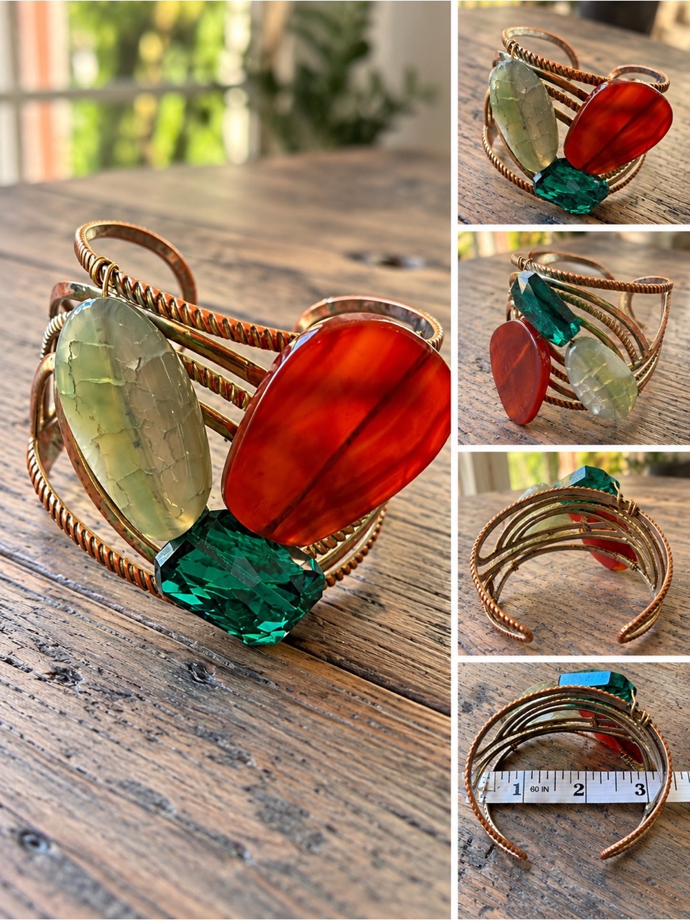 Multicolor vintage Oversized Stone Open Cuff Bracelet Gold Tone Statement Boho